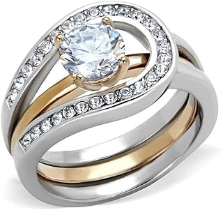1 Carat Round Cut Two Toned Stainless Steel 2 Piece Wedding Ring Set Women's Size 5-10