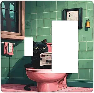 Decorative Outlet Covers Funny Black Cat Newspaper Pink Toilet 2 Gang 1 Gang Wall Plate Cover Single Toggle Rocker Combo Light Switch Cover Plate Face Plate