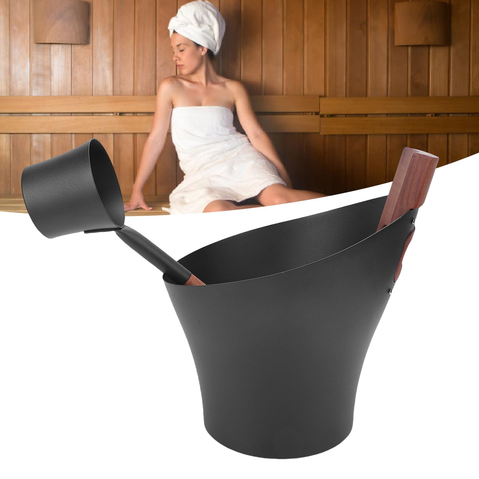 Sxhlseller Sauna Wiadro, 5L Aluminiowa Wiadro w Saunie z Drewnianym Zestawem Kadzi, Regulowana wilgotność, Higrometr Termometru, Akcesoria do Kąpieli Prysznicowej z klepsydą