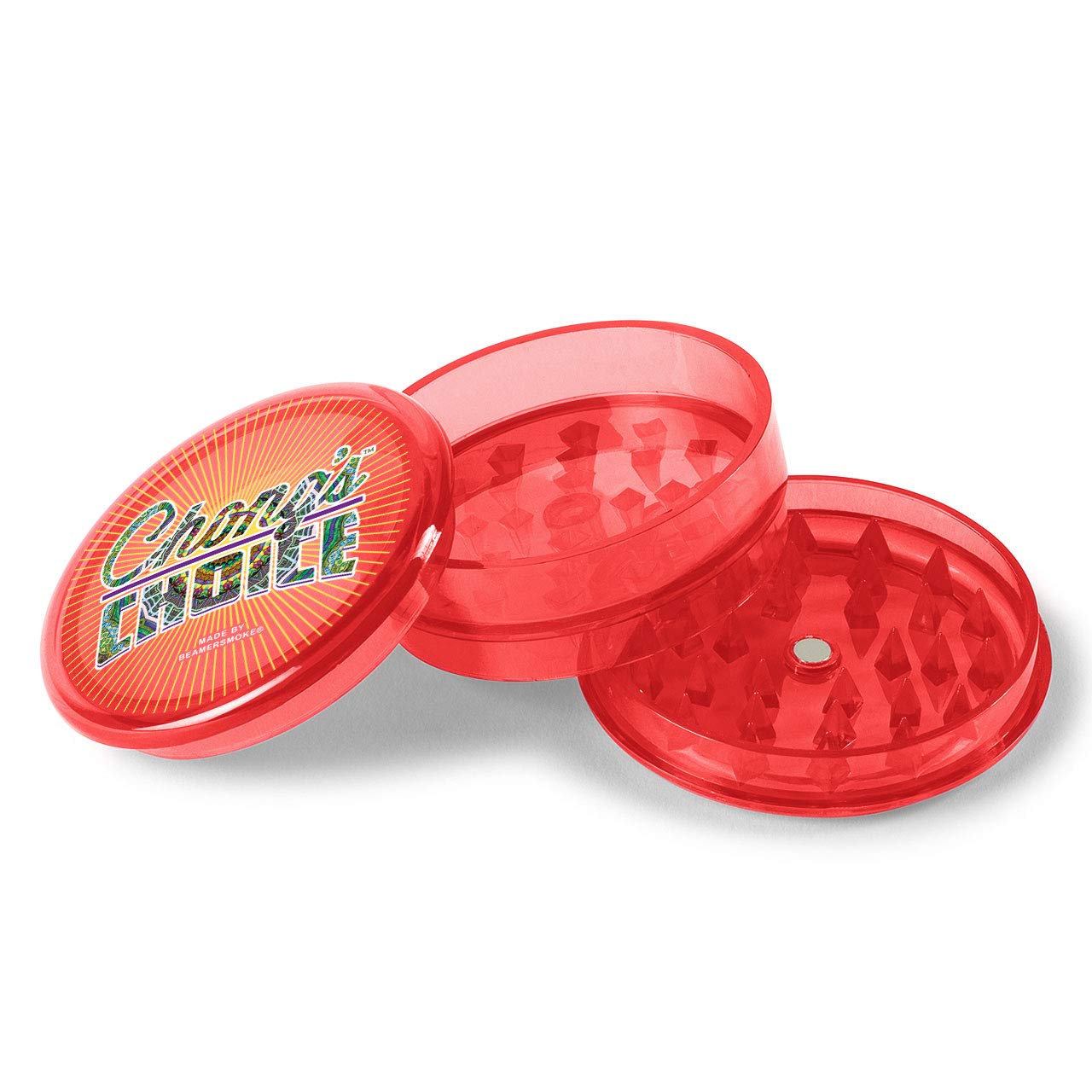 Chong’s Choice 3-Piece 63mm Acrylic Grinder - Transparent Red Color + Beamer Smoke Sticker