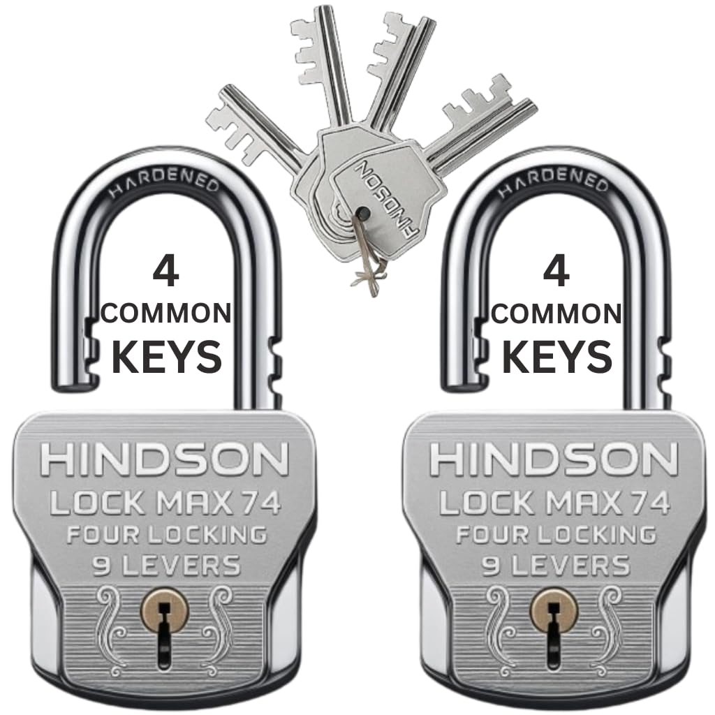 HINDSON 4 Common Keys MAX 74mm 4 Locking System | 9 Lever Mechanism | Chrome Finish Heavy Duty Big Size 610g Approx | 2 Locks with 4 Common Keys for Home, Gate & Shutter Use (Silver)-image-23