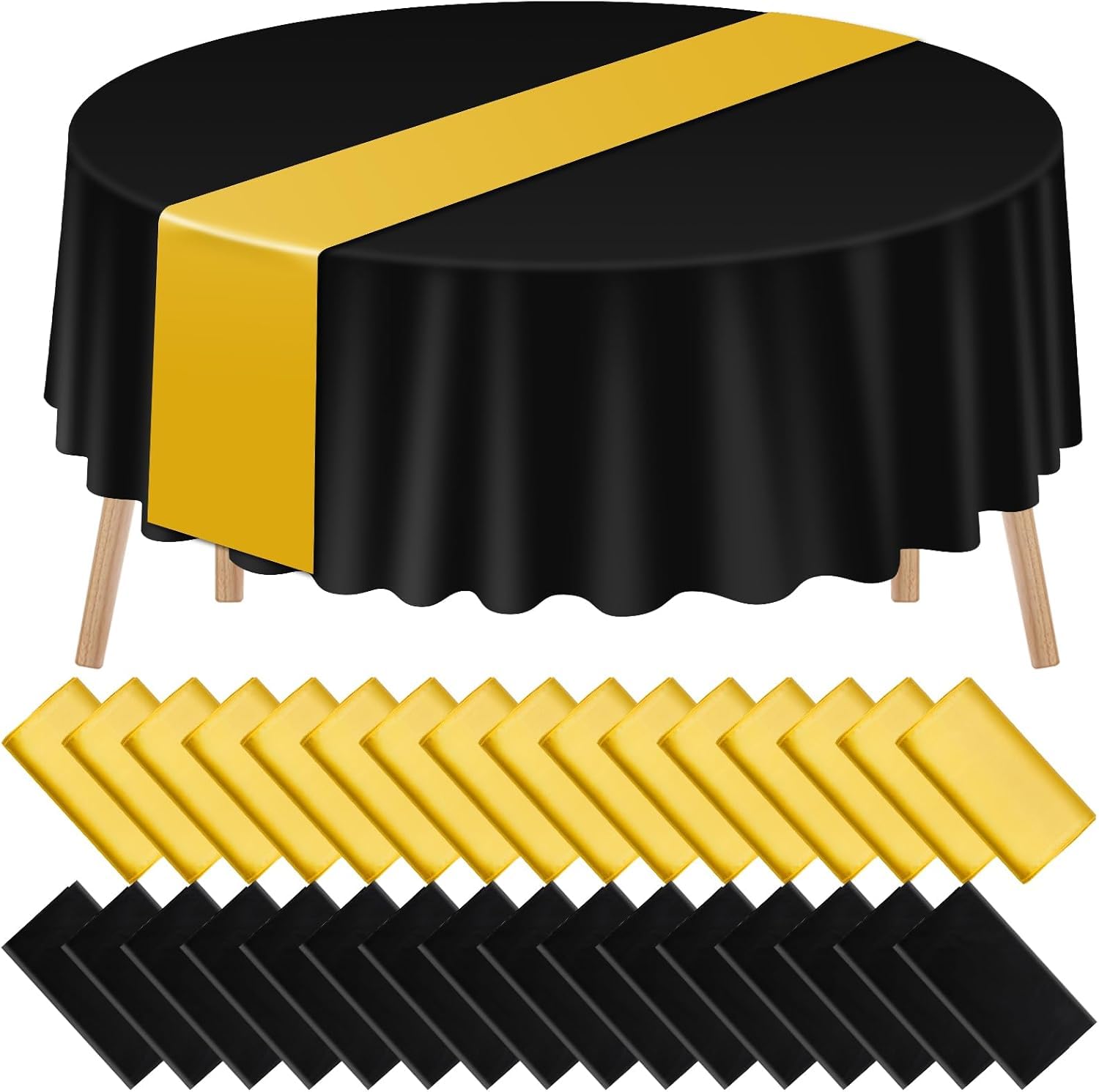 Ausurme Black 16 Pcs Tablecloths And Satin Table Runner, 84'' Round Plastic Tablecloth And 12 X 108'' Runner, And Golden Disposable Tablecloth, Table Cover For Birthday Wedding Party Decor