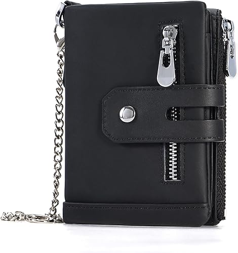 boshiho Cartera para hombre con cadena RFID bloqueo de cuero genuino doble cremallera plegable cartera con bolsillo para monedas y 2 cadenas