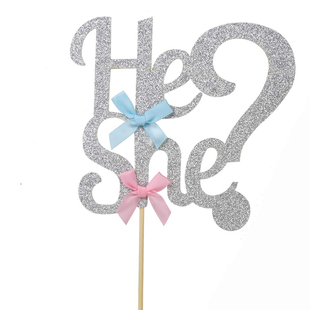 Buy He or She Cake Topper Silver Glitter Paper Gender Reveal Boy or