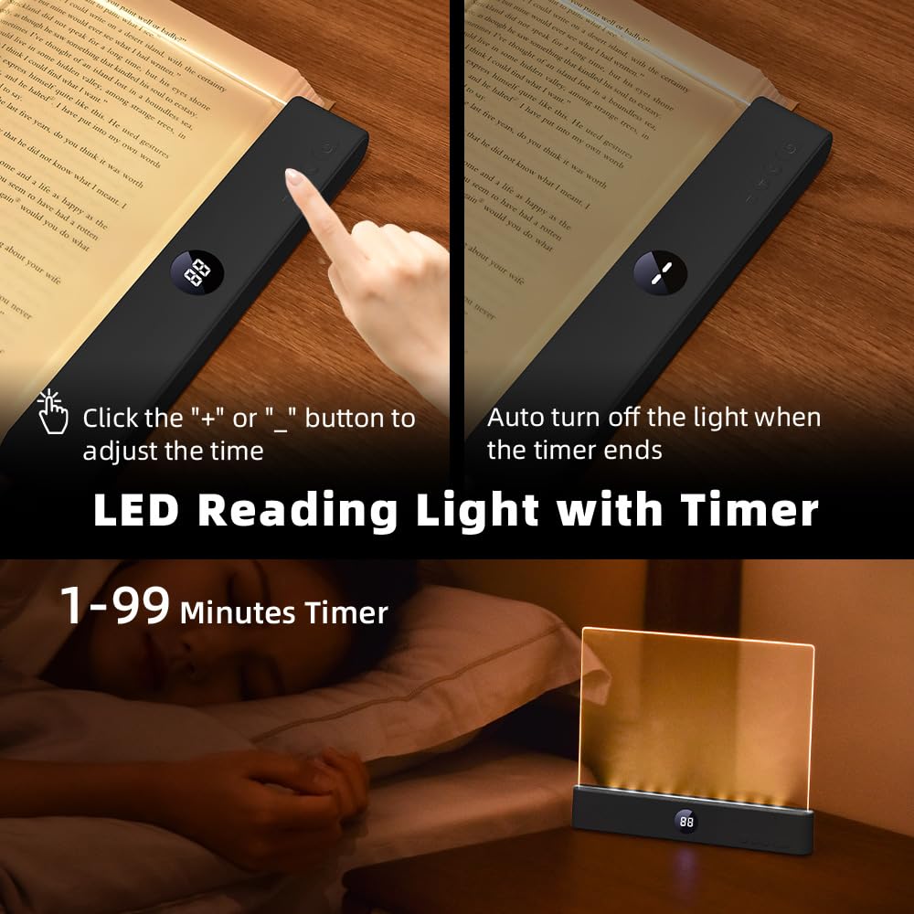 Lampada da lettura a LED piatta, 3 colori, per libri a letto con funzione di memoria, timer dimmerabile, lampada da comodino ricaricabile, regalo per amanti dei libri, per ragazzi e ragazze, donne,