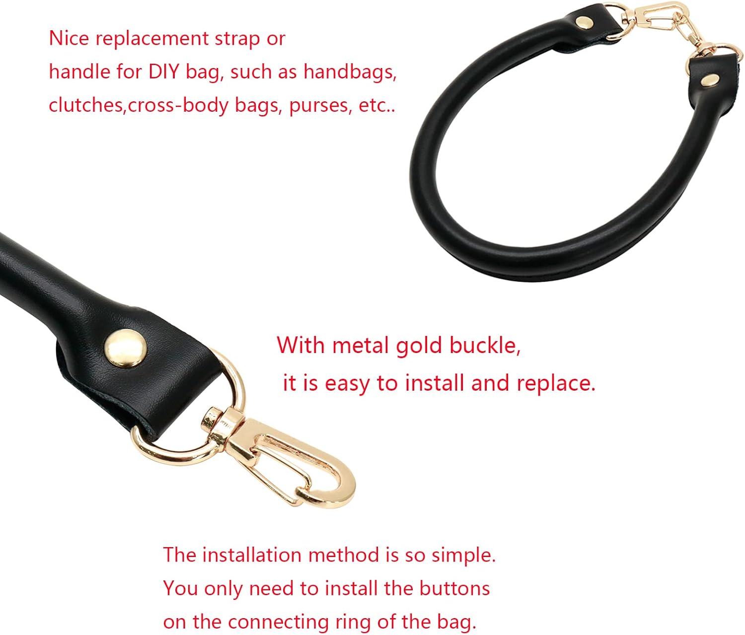 Semetall Black Purse Straps Replacement 2 Pack 40cm/15.7" Total Length PU Leather Handbag Handles Black Leather Purse Handles with Metal Button - Image 3