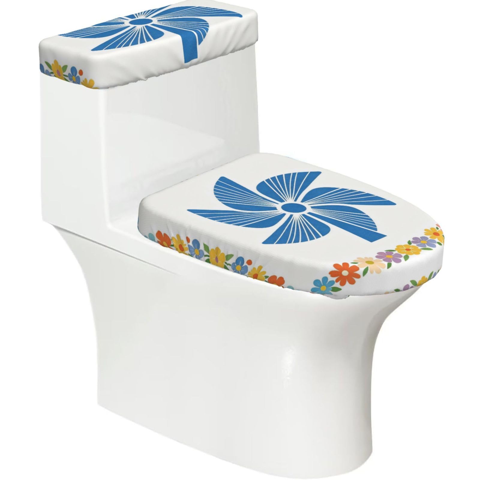 Cntdbu Black Blue Windmill Art Stretchy Toilet Lid And Tank Cover Set-Soft Elastic Bathroom Decor For U Shape Oval