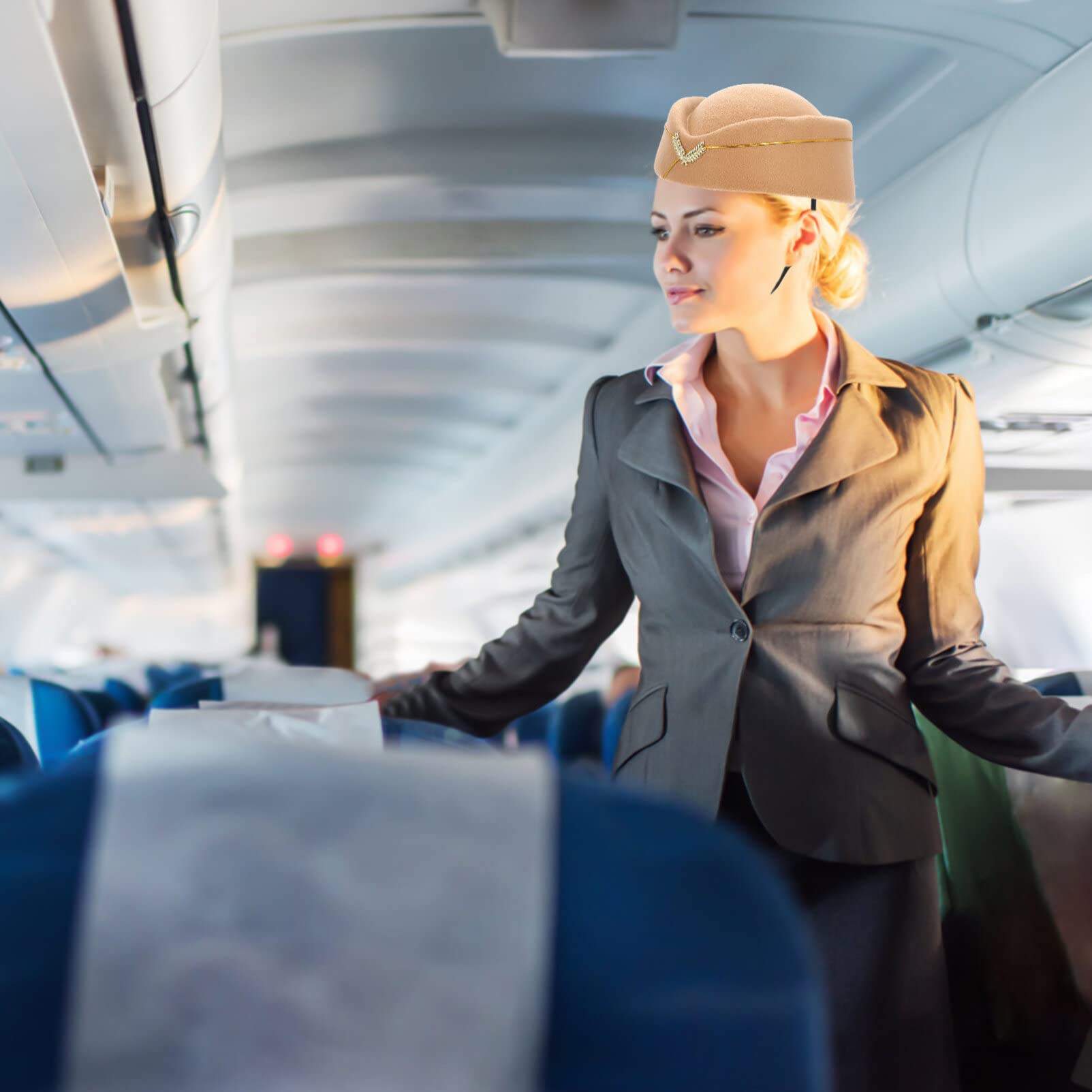 AOKWAWALIY Flight Attendant Beret Air Hostess Cap Flight Attendant Hat Felt Stewardess Cap Stewardess Uniform Hat Air Hostess Beret Hat Airplane Hostess Hat for Performance Dance Band Khaki