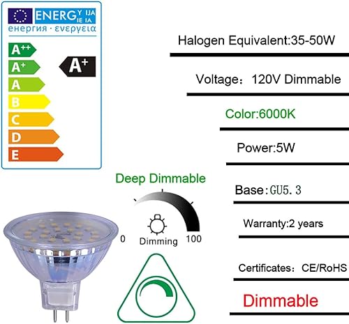 Miniatura 2 de mr16 120V regulable 5 W 6000 K luz blanca fría luz blanca LED bombilla lámpara halógena 50 W reemplazo para lámpara de seguimiento (120 V regulable