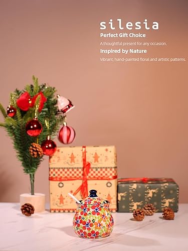 Miniatura 7 de silesia Azucarero hecho a mano con tapa y cuchara, tarro de azúcar de cerámica pintado a mano de 9 onzas para el hogar en caja de regalo, decoración