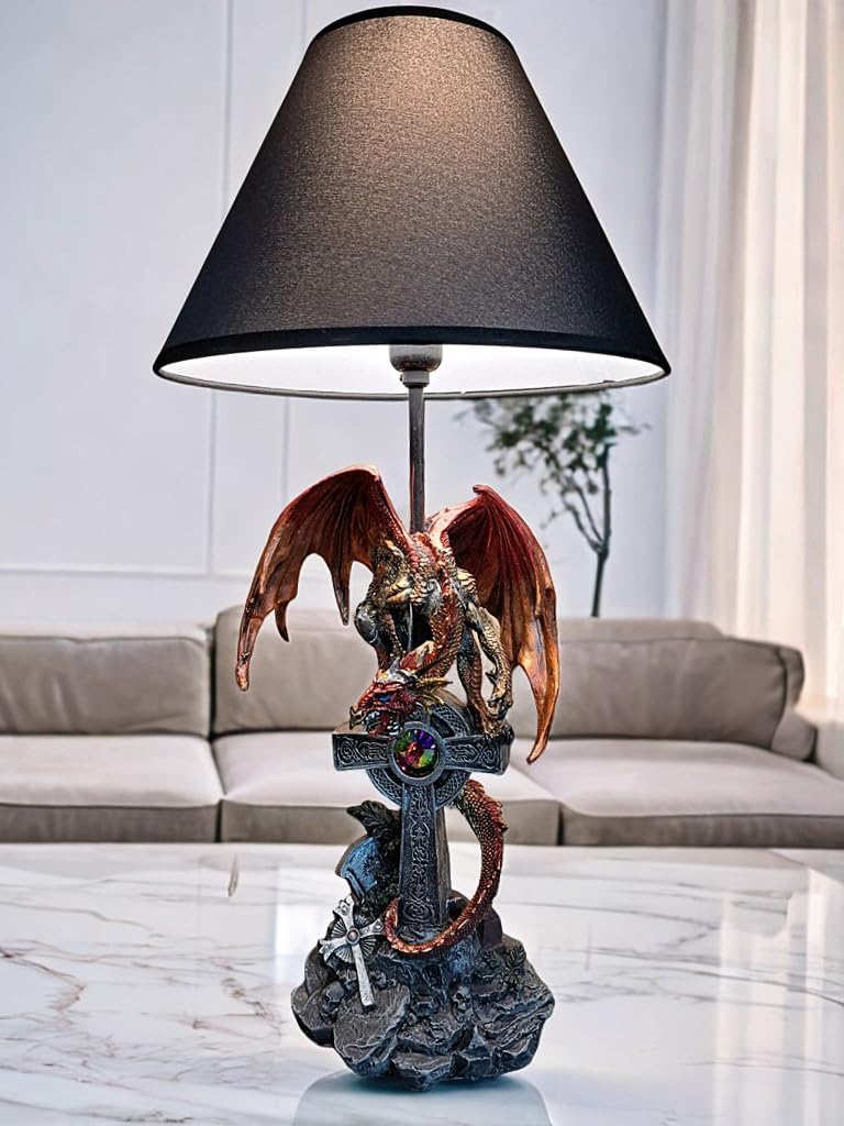 ICE Armor 24.5" Fantasy Collectible Dragon Statue Table Lamp Wrap Around Cross with Fabric Light Shade for Gothic and Medieval Décor (71791Red)
