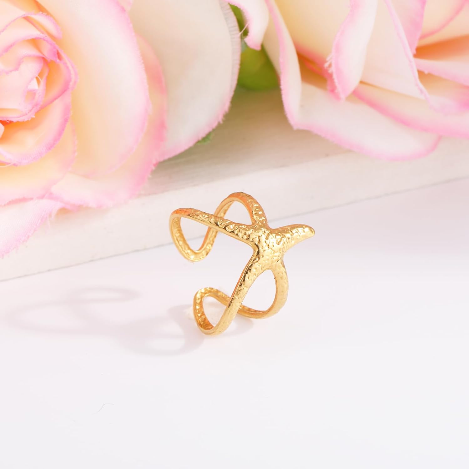 Gold Starfish Personalized Ring for Women, Open Adjustable Stainless Steel Starfish Ring Vintage Gold Irregular Ocean Themed Jewelry for Summer Beach Jewelry Gift - Image 3