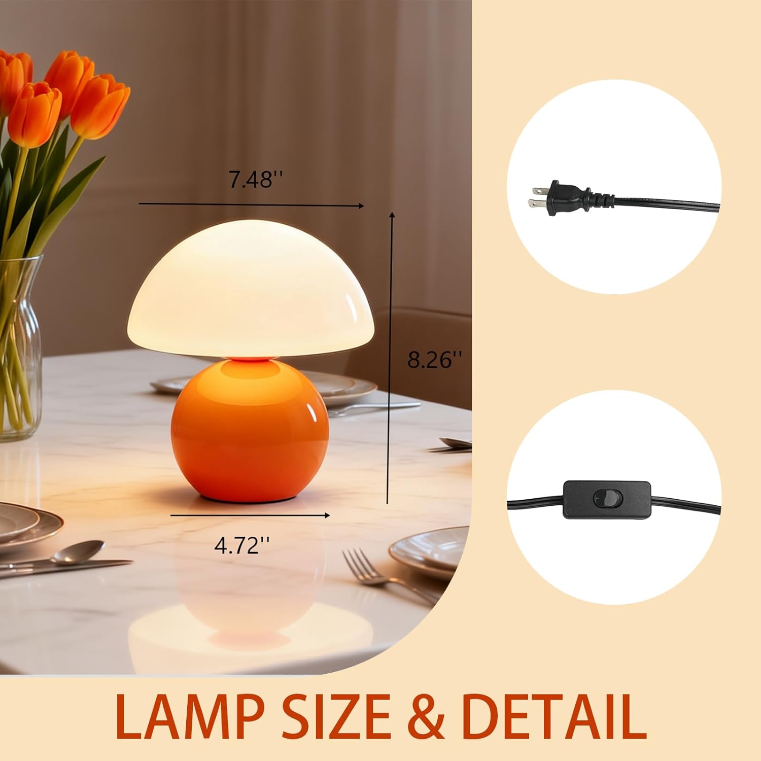 3-Way Dimmable Orange Mushroom Lamp - Plug Powered Small Desk Table Lamp with Dimmable Ambient, Night Light for Bedroom, Office,Nursery,Home Living Room Decor, Gift for Kids Teens & Adults