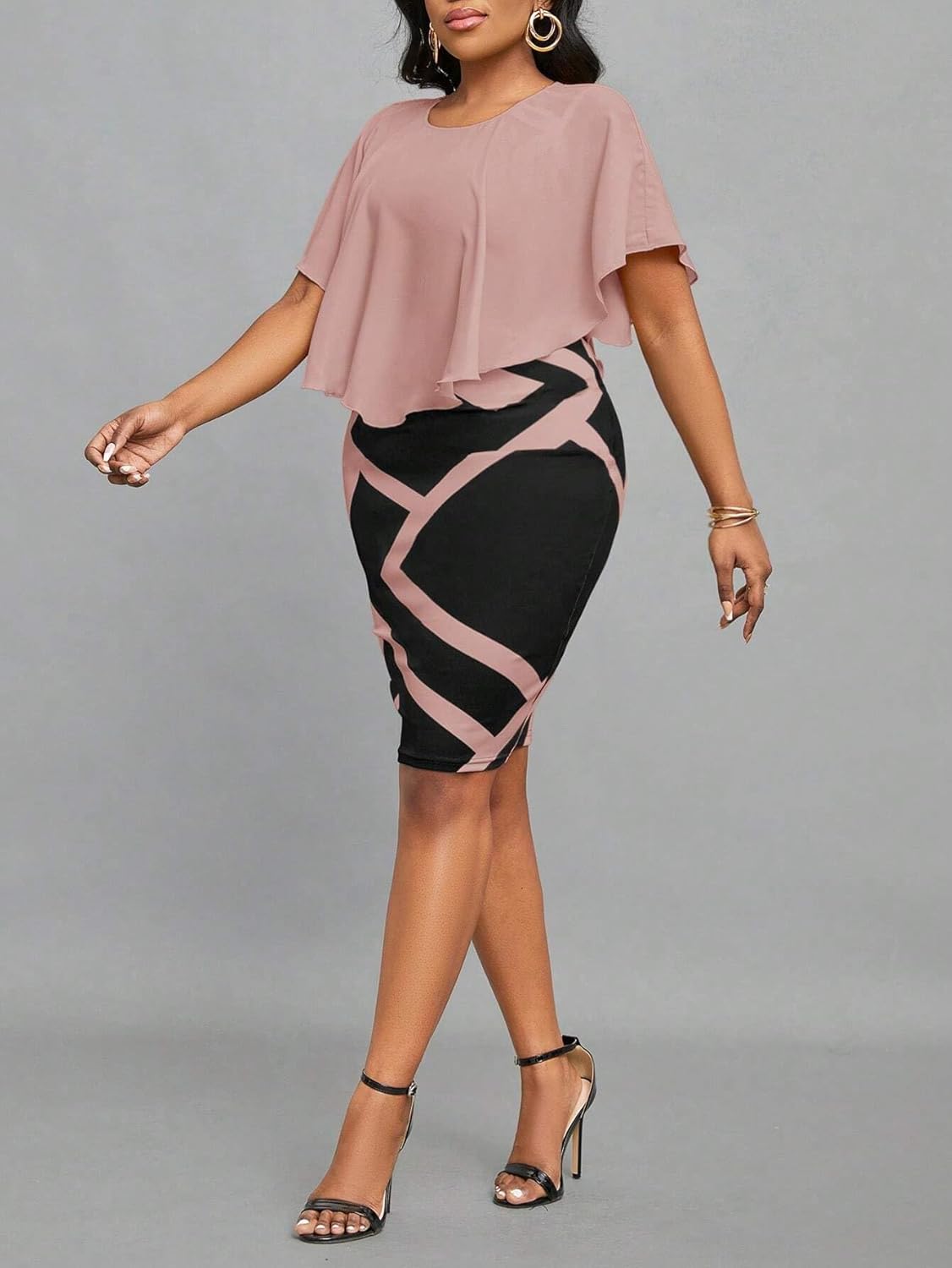 Yajedo Womens Retro Bodycon Midi Dresses Sexy Mesh Lace Cape Sleeve V Neck Print Work Church Pencil Dress - Image 5