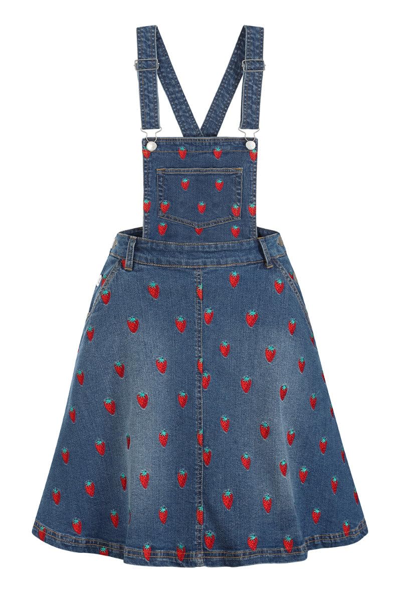Hell Bunny Women's Blue Strawberry Denim Pinafore Dress Medium