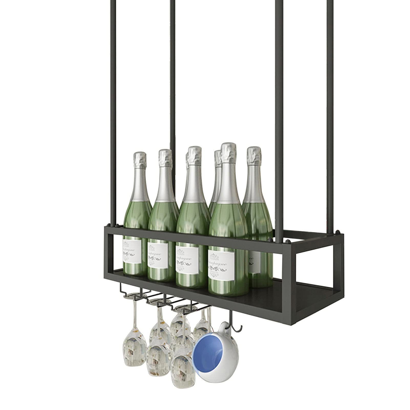 Porte-bouteilles à champagne suspendus et présentoir à verres noir industriel pour bar