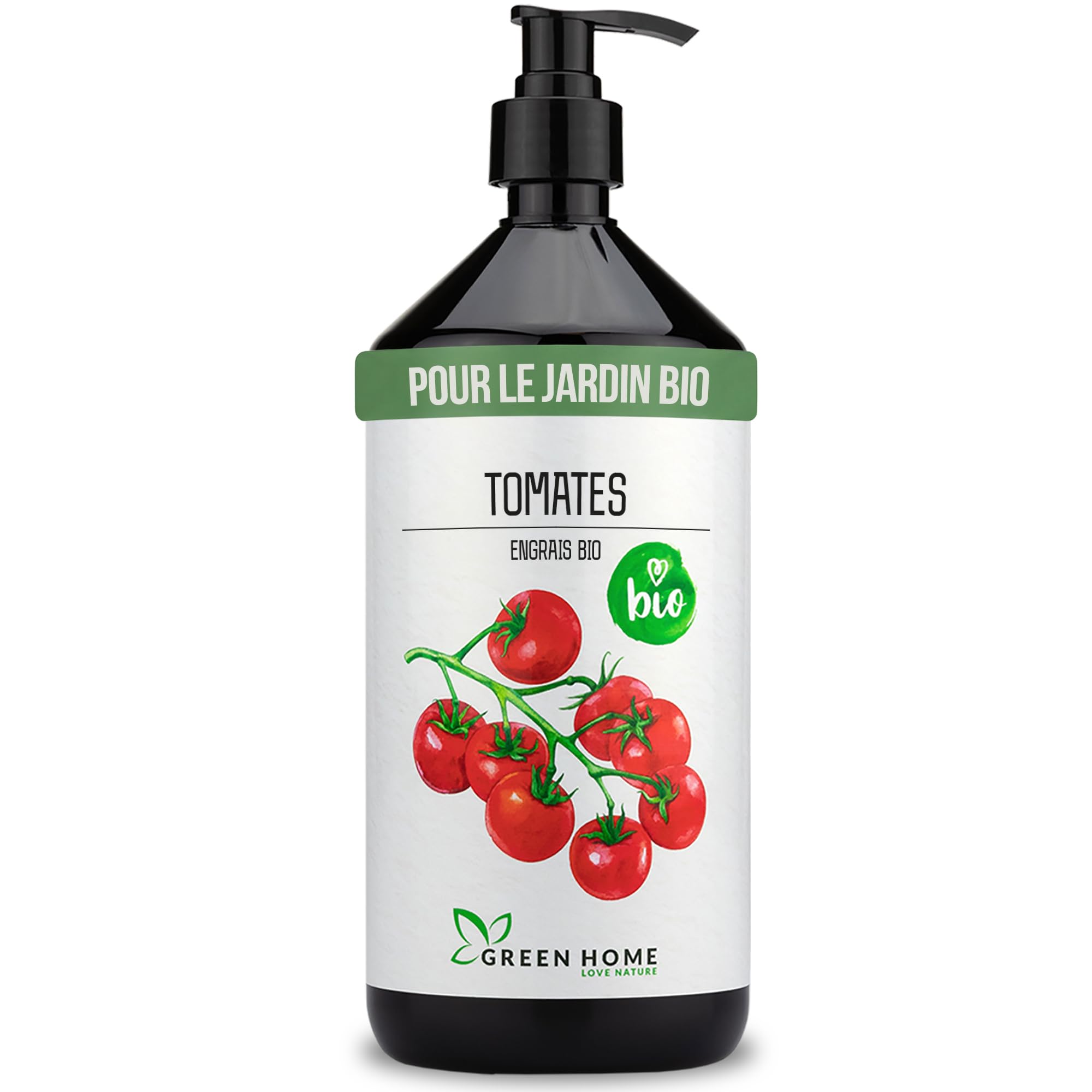 Green Home Engrais BIO Tomates 1 L avec pompe doseuse – Engrais tomates liquide NPK 3-2-6 riche en potassium et calcium – Pour potager, bac et serre