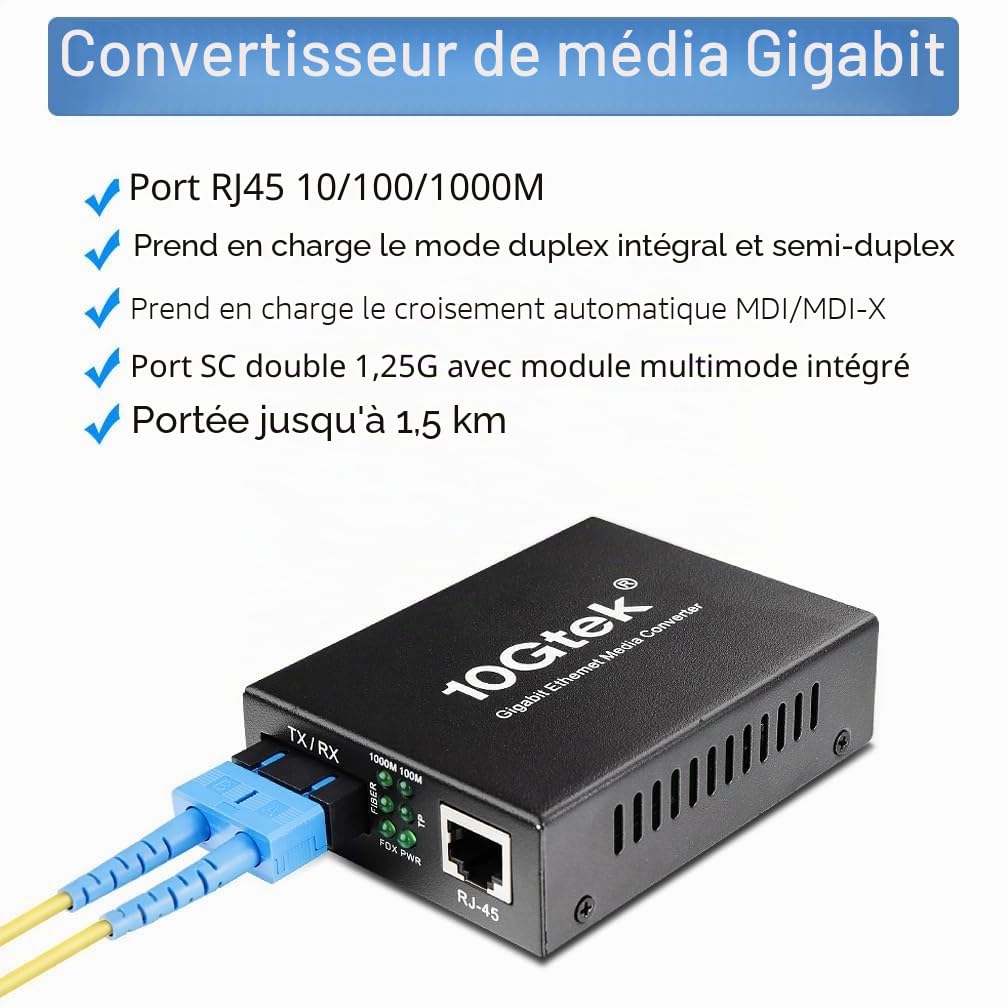 H!Fiber.com Convertisseur de média Gigabit Ethernet, 1.25G SFP vers RJ45 Fibre vers cuivre, Transceiver SFP intégré (1000Base-LX, 20km, monomode dual SC)