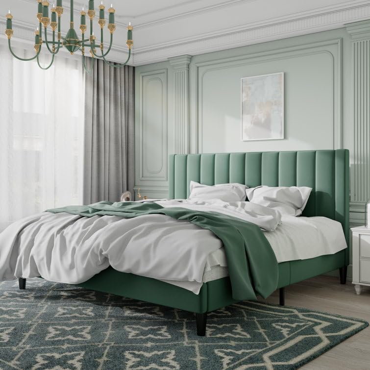 Image of HITHOS Modern Upholstered King Size Bed with Wingback Headboard | Wooden Double Bed Cot Palang Without Storage for Living Room Home Bedroom (Green) 1 Year Warranty