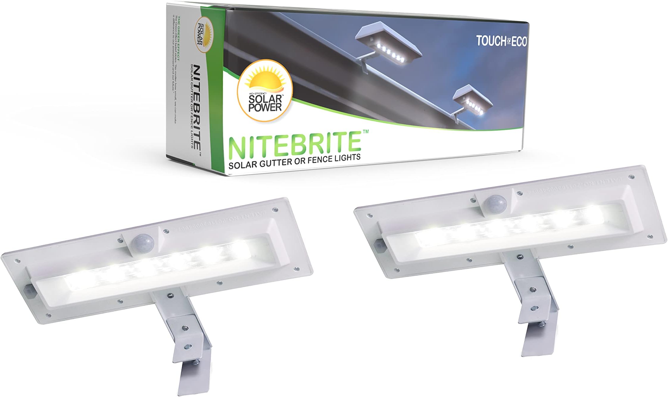 Touch Of ECO Nitebrite Solar LED Motion Detector Sensor Utility Security Outdoor Accent Lights -Automatic On/Off Weather Resistant Mount to Gutter or Fence 2 Pack
