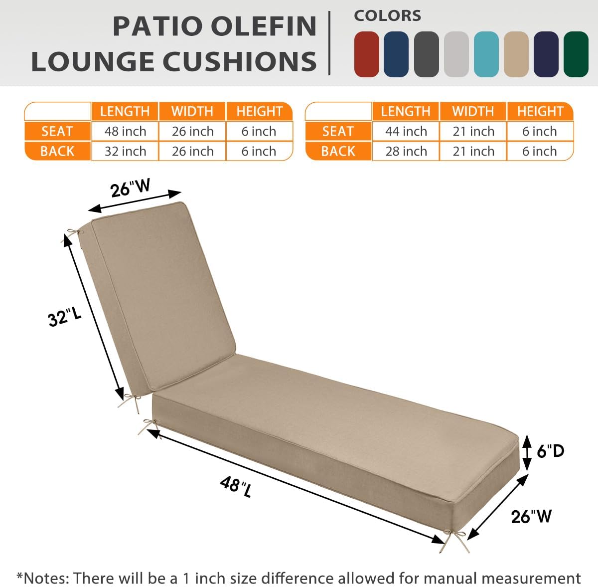 Sundale Outdoor Olefin Chaise Lounge Cushion Set of 2, Water-Resistant Patio Lounge Chair Cushion, Thick Lounger Pad with 4 Straps Khaki, 80 x 26 x 6 Inches