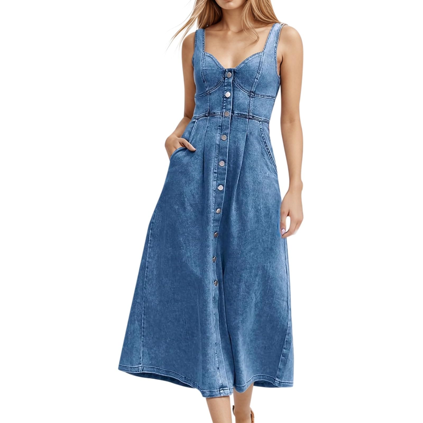 GOSEAGOTOFUN Denim Dress for Women Slim Fit Midi Jean Dresses Boho Sundress Curvy Womens 2025 Summer Sexy Sleeveless Trendy