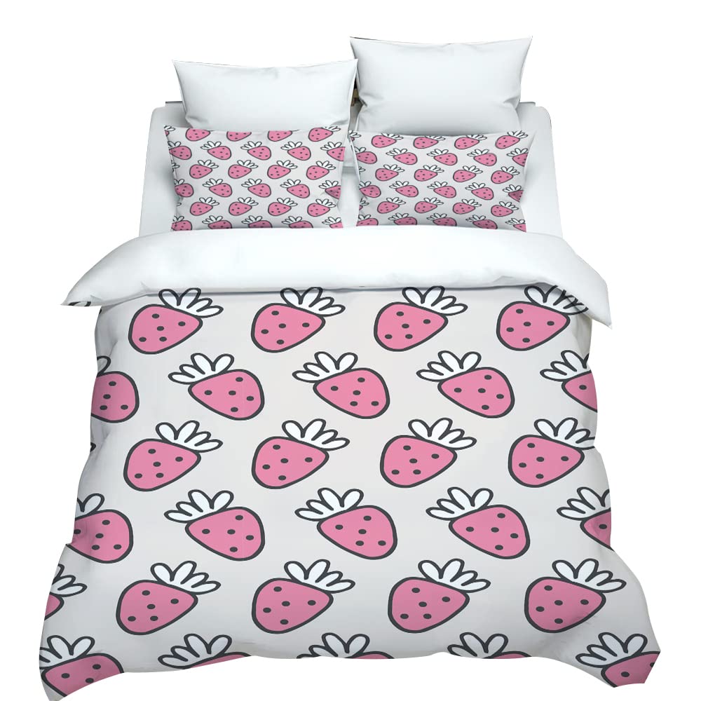 Hixingo 3D Fragola Set di Biancheria da Letto in Microfibra, Morbida Traspirante Set Copripiumino e Federe per Adatto e Bambini Adulti (Grigio Chiaro,220x260cm)