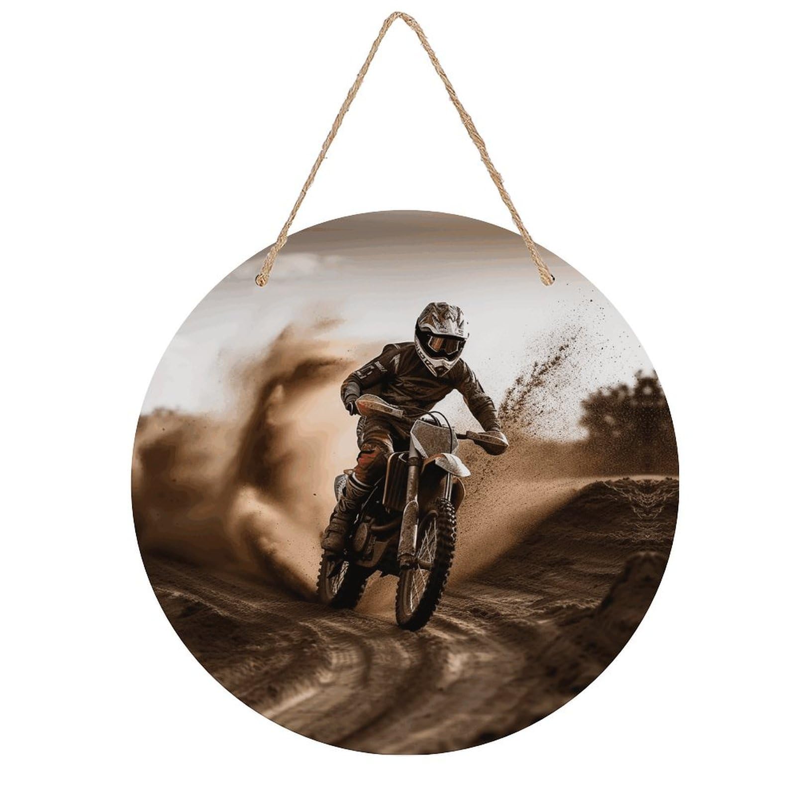 LZQPOEAS Motocross Round Wood Wall Art Painting, 7.9 Inch Circular Wooden Door Hanger Decorative Paintings, Rope-Hanging Wooden Wall Plaque for Home Decor And Office Party