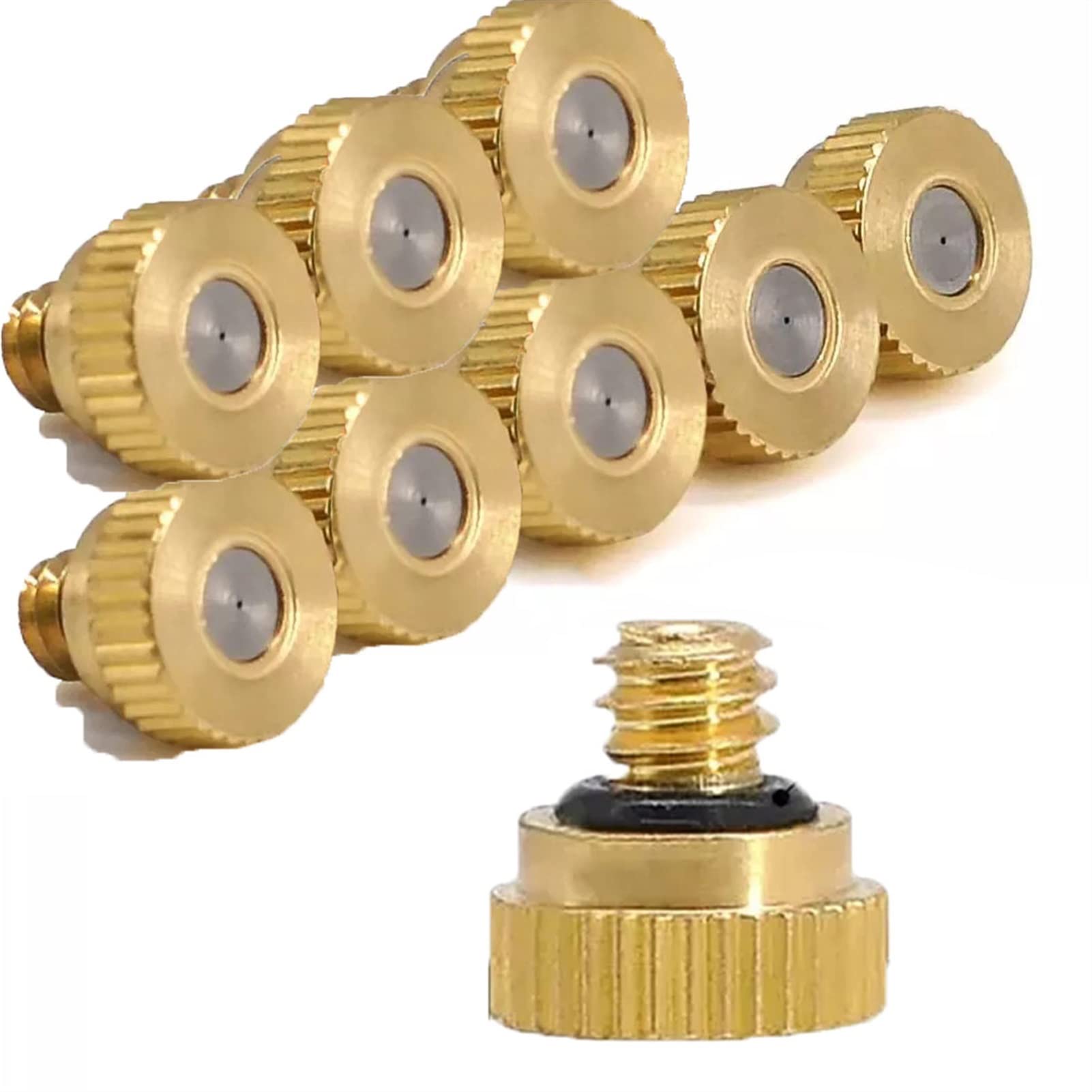 SOHNVWTGD 10PCS Misting Nozzles for Cooling System, Low Pressure Brass Mister Nozzles, Fog Nozzle Water Mister Sprinkle for Patio Garden Sprayer Irrigation Tool Kit, 0.0040.039" Orifice(0.1MM)