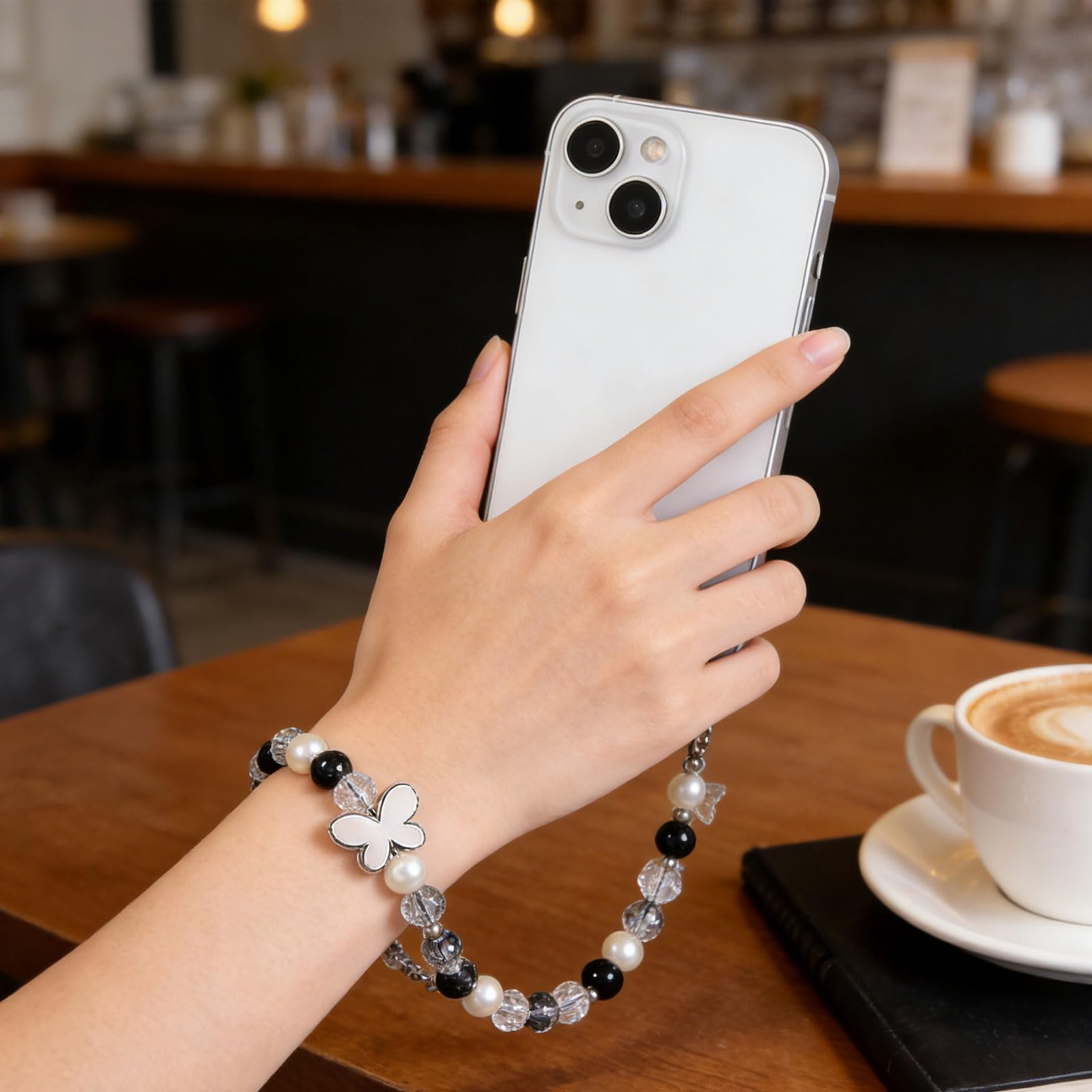 Perlen-Handykette Kurz mit Schleife - Bracelet de téléphone perlé avec nœud Papillon pour Smartphone