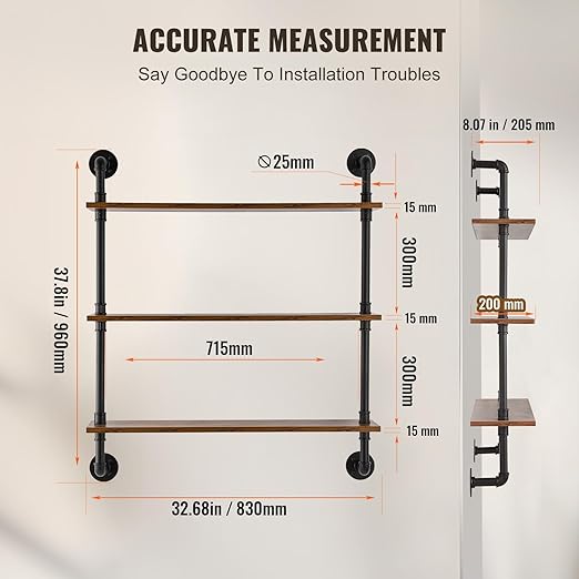 VEVOR Industrial Pipe Shelf, 3 Tier 32x7.87in, Wall-Mount Floating Rustic Wood Shelves Bracket Display Bookshelf, Storage Rack Sundries Holder for Kitchen Bedroom Bathroom Living Room, Black thumbnail 3