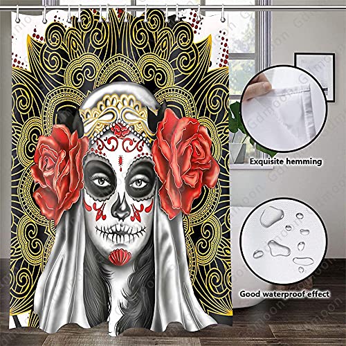 Gdmoon Day Of The Dead Shower Curtain Skull Wedding Bride Gothic Horror Dark Mask Graffiti Mexico Mandala Boho Rose Flower Plant Bathroom Curtain Set With 12 Hooks 72X72In Ylzfgd858 #TOP5