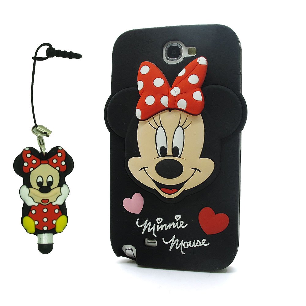 3D Cartoon Black Minnie Mouse Soft Silicone Case Skin Protective Cover for Samsung Galaxy Note 2 II N7100 with Red Minnie Mouse Anti Dust Plug Touch Pen