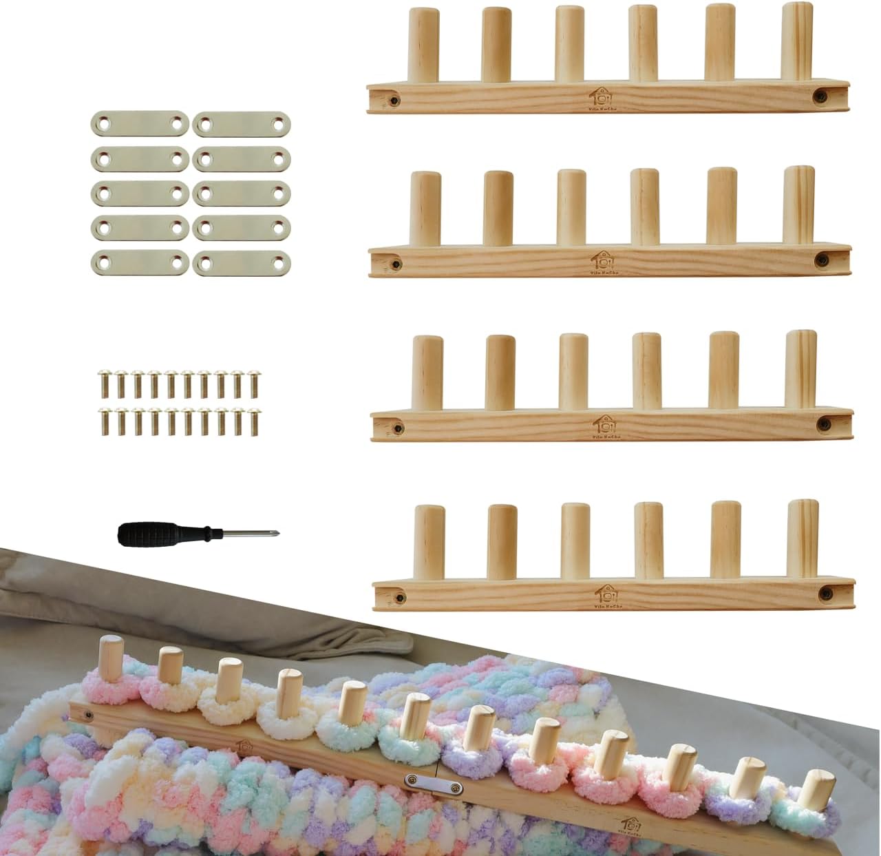 Vila KuChe Wood Chunky Blanket Knitting Looms DIY Throw Blankets Adjustable Size Hand Knitting Yarn Chunky No Needles Required Total Length 48 Inch