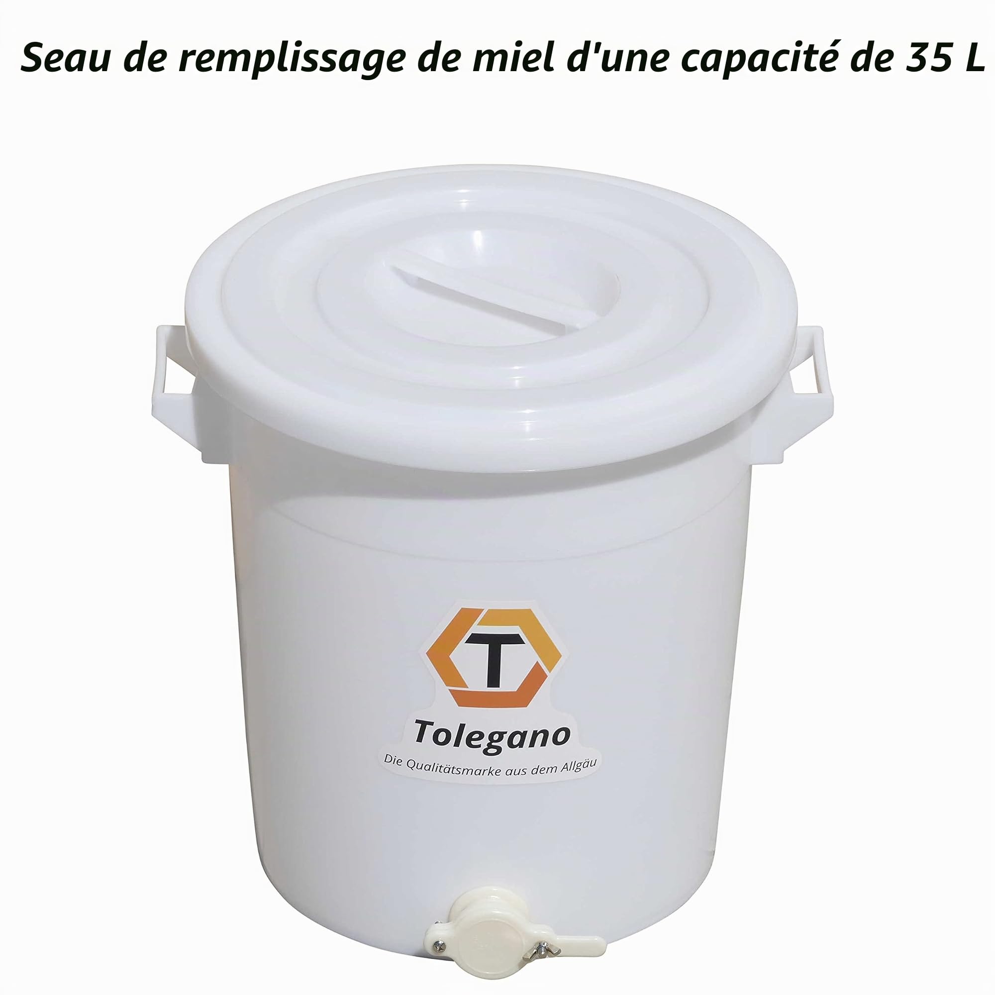 Seau de remplissage de miel 35 l ou 50 kg Convient à un usage alimentaire Avec robinet de remplissage et couvercle Robinet à presser Hobbock Pour l'apiculture