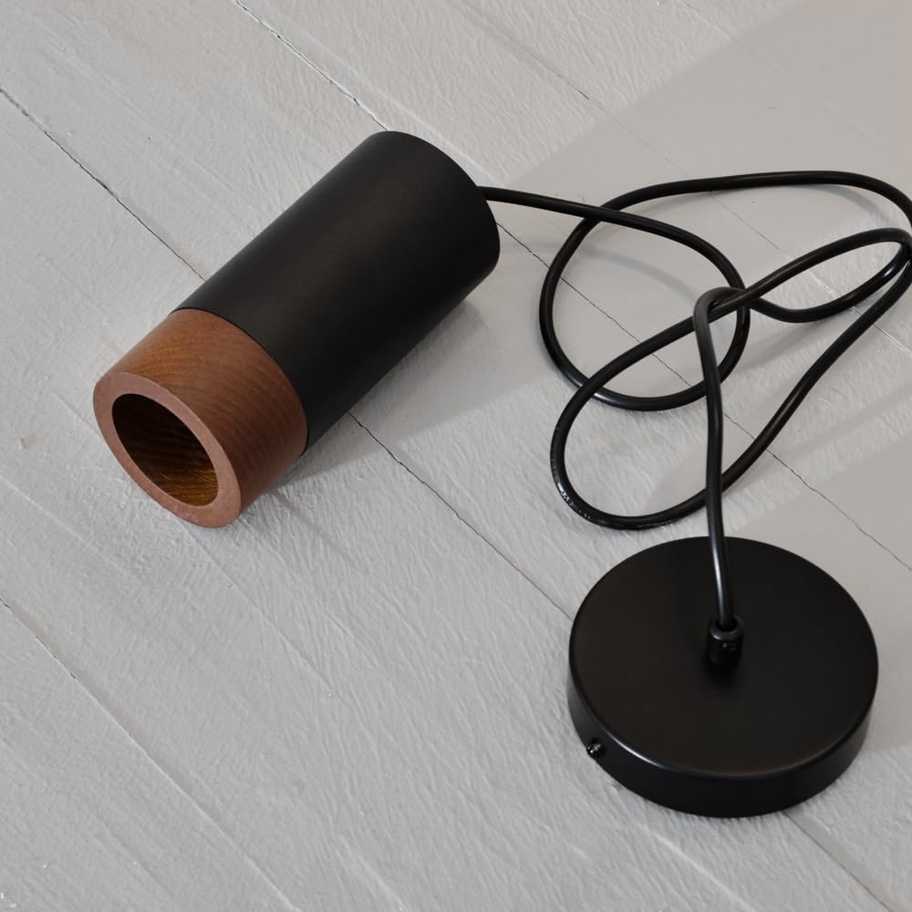 Lámpara Colgante de Madera Vintage Cilindro Negro GU10 Aluminio Industrial para Cocina Comedor Salón