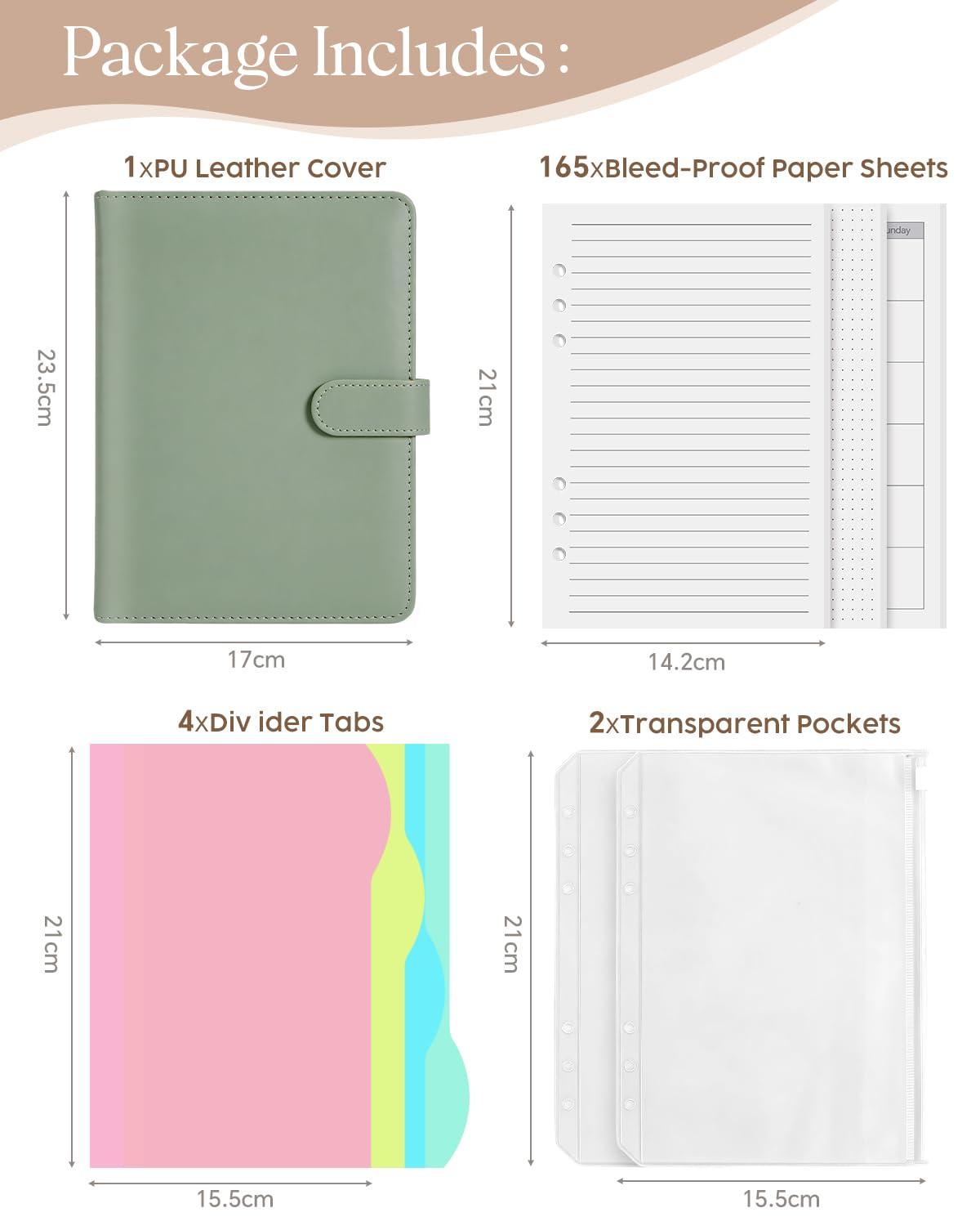 Carnet A5 Rechargeable en Cuir PU – Kit Complet avec 165 Feuilles, Pochettes Zippées et Intercalaires – Organiseur pour École et Bureau