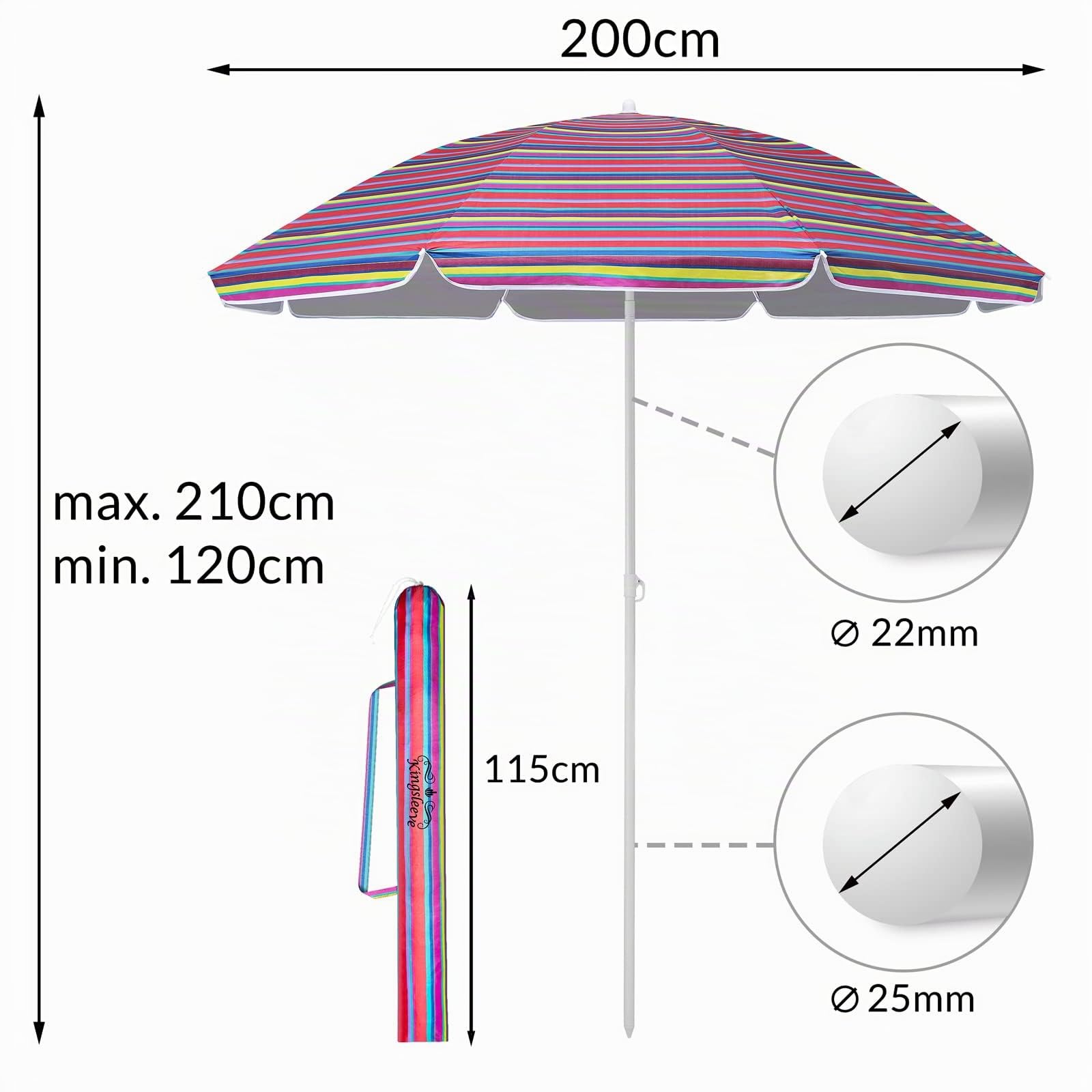 Kingsleeve Parasol UV 50+ sac de transport - Grand parasol de plage imperméable - Inclinable - Réglable en hauteur - Piquet de terre - Pour balcon, plage - Rond - Multicolore