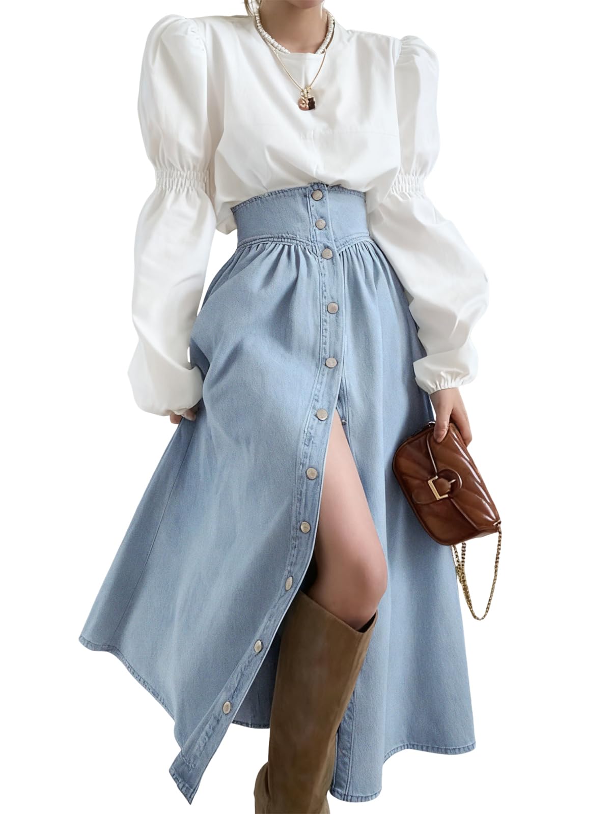 utcoco Women's High Waist Long Denim Skirt Button Down Swing A-Line Jean Maxi Skirt with Pockets