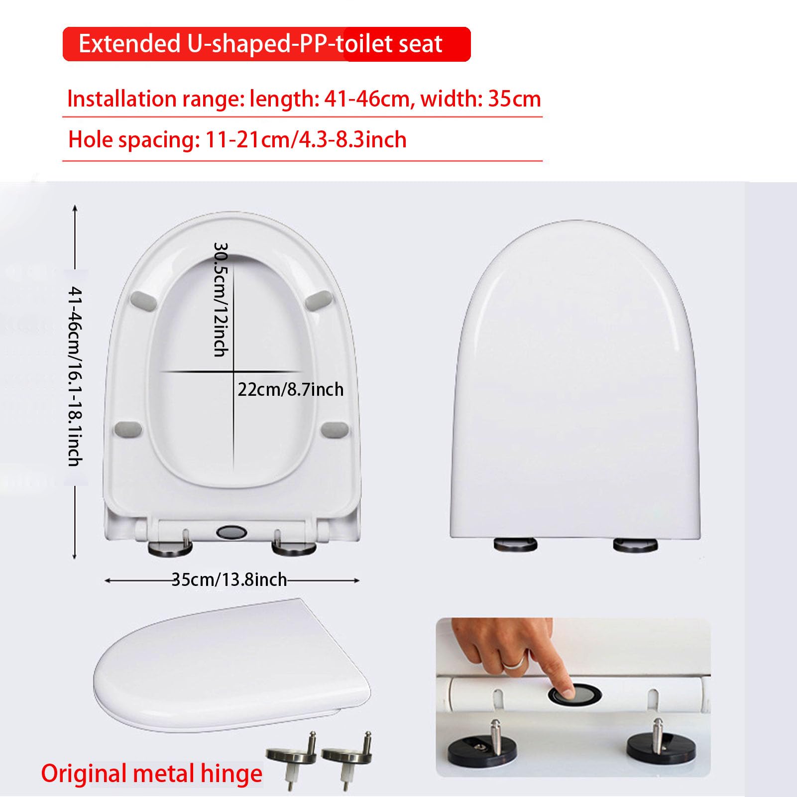 Funda para asiento de inodoro de cierre suave con cierre rápido, bisagra ajustable, fácil instalación, no se afloja, plástico PP, 47 x 37 cm (44 x 35 cm)