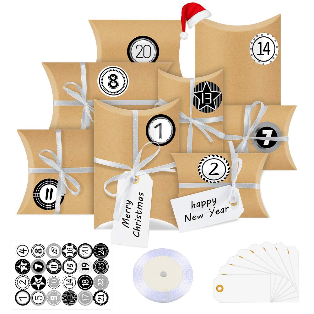 Calendrier De L'Avent DIY à Remplir - 24 Boîtes Papier Kraft + Autocollants Numérotés + Ficelle Jute - Déco Et Cadeaux De Noël - 3