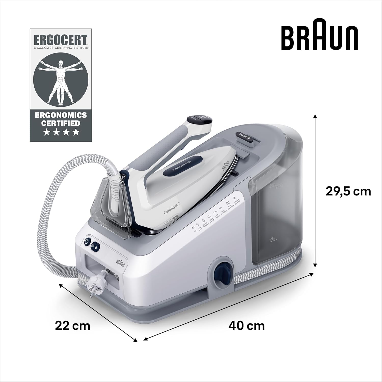 Braun Centrale Vapeur CareStyle 7 Pro IS7266GY, Semelle avec revetement FreeGlide 3D, iCare, iMode, Repassage Vertical, Vapeur 510 g/min, Réservoir Amovible 2L, 2700W, Gris