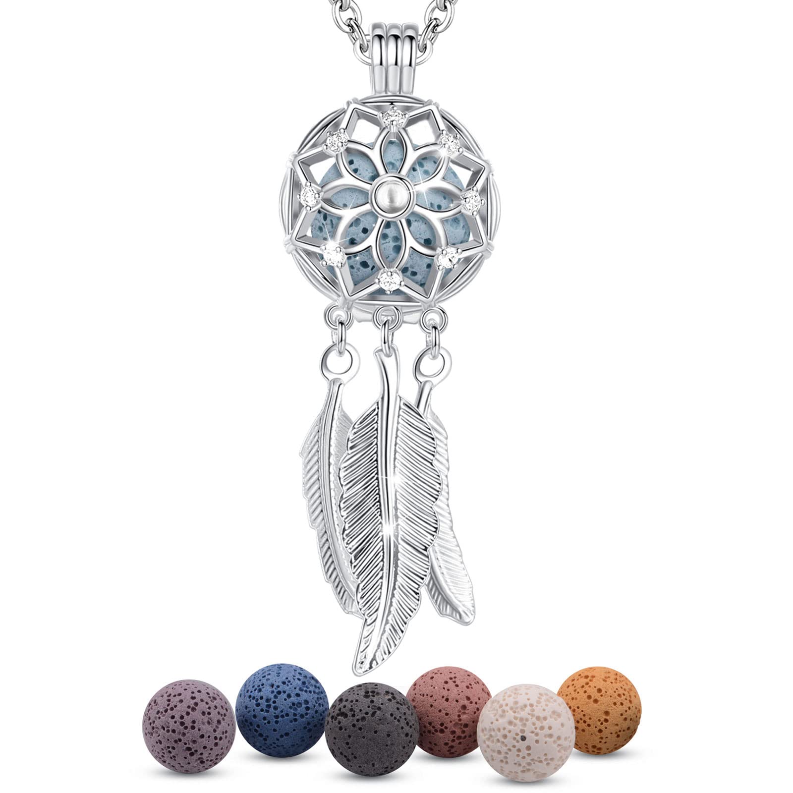 EUDORA Harmony Ball Collana Aromaterapia Ciondolo con Oli Essenziali per Donna, Collana con Diffusore Regalo di Gioielli per Ragazze con 7 Pezzi di Pietra Lavica, 24 Pollici