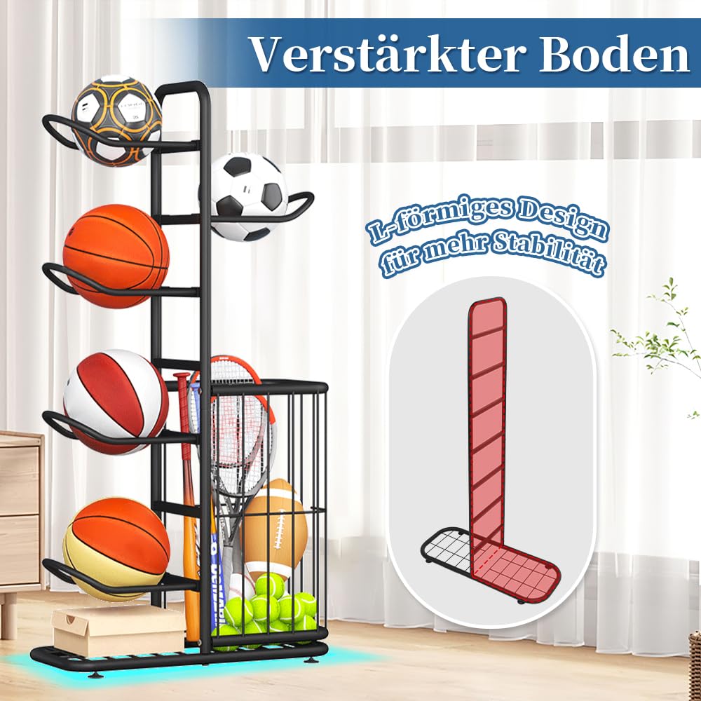 Ballständer Basketball Aufbewahrungsregal für Sportgeräte, abnehmbares Standing Rack mit 5 Bällen und Körben