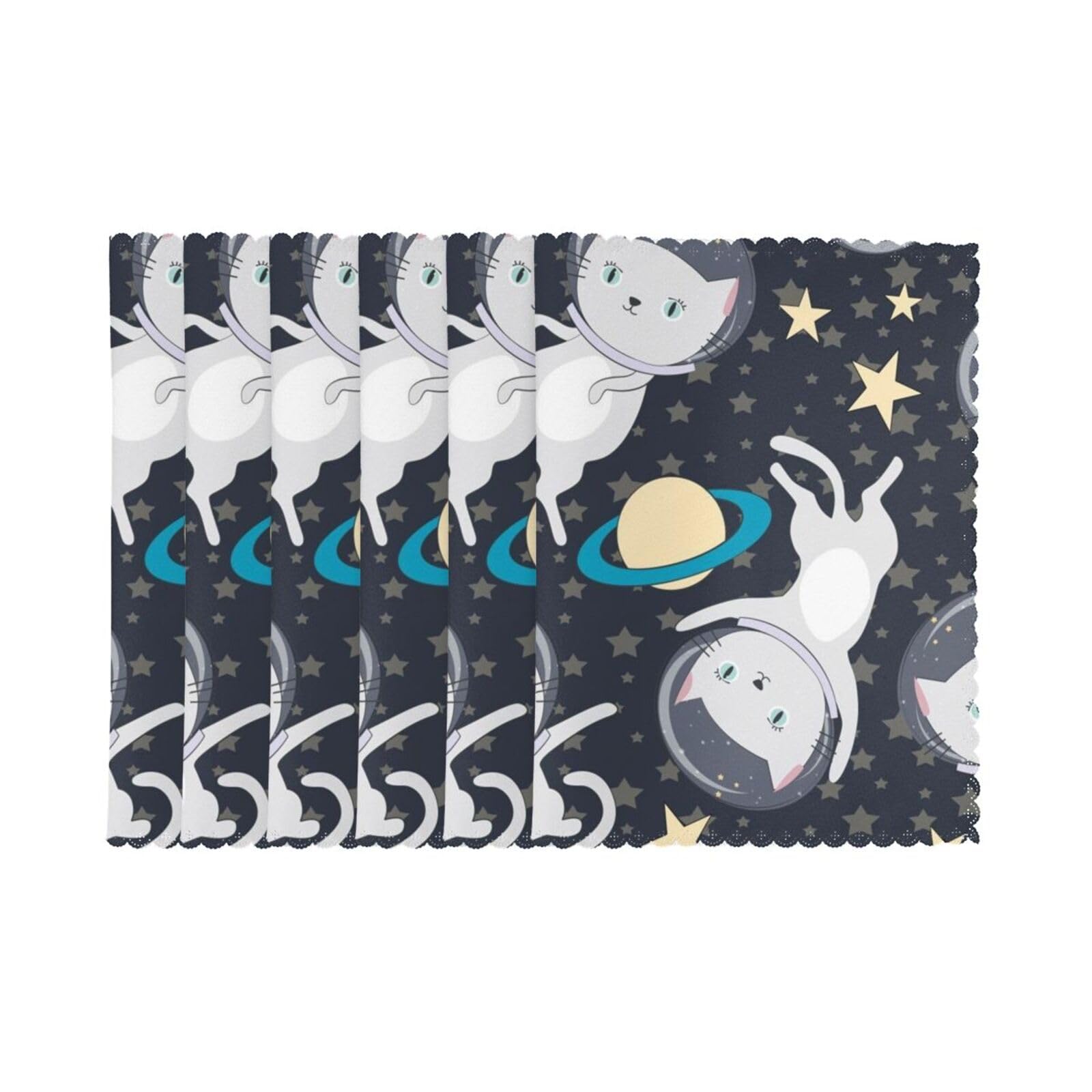 6 PCS Heat Resistant Placemat 45x30 CM, Fun cat Astronaut Printed Non-Slip Place Mats for Kitchen Dining Table Indoor Outdoor