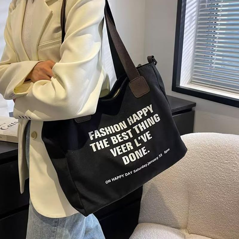 Bolso tote de lona con estampado de letras moderno para mujer, bolso de hombro y cruzado miniatura 3