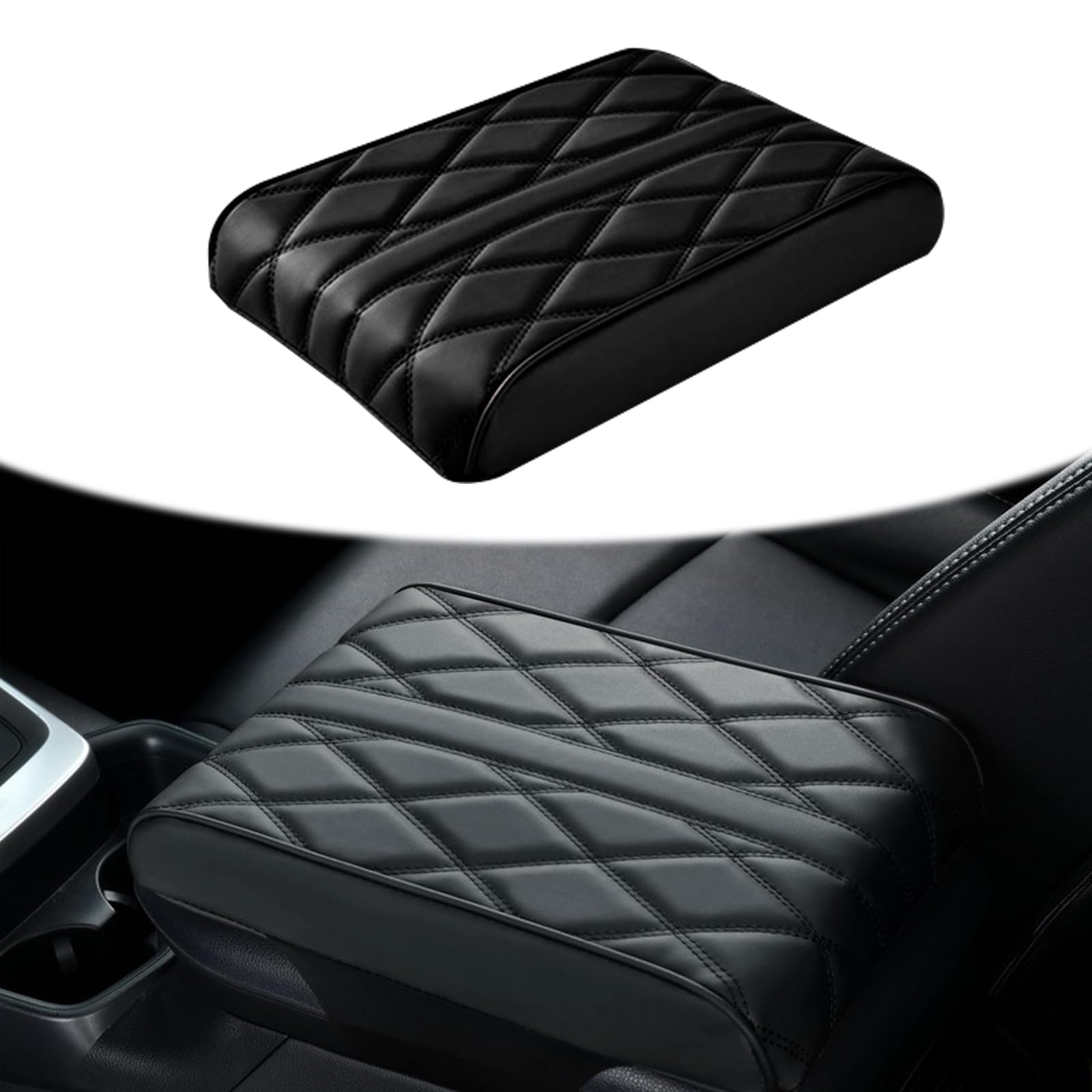 1 PC Car Center Console Box Booster Pad, 12.99" x 8.26" x 1.96" Slow Rebound Memory Foam Leather Center Console Armrest Pad, Relieve Arm Fatigue, Suitable for Most Models (Black)