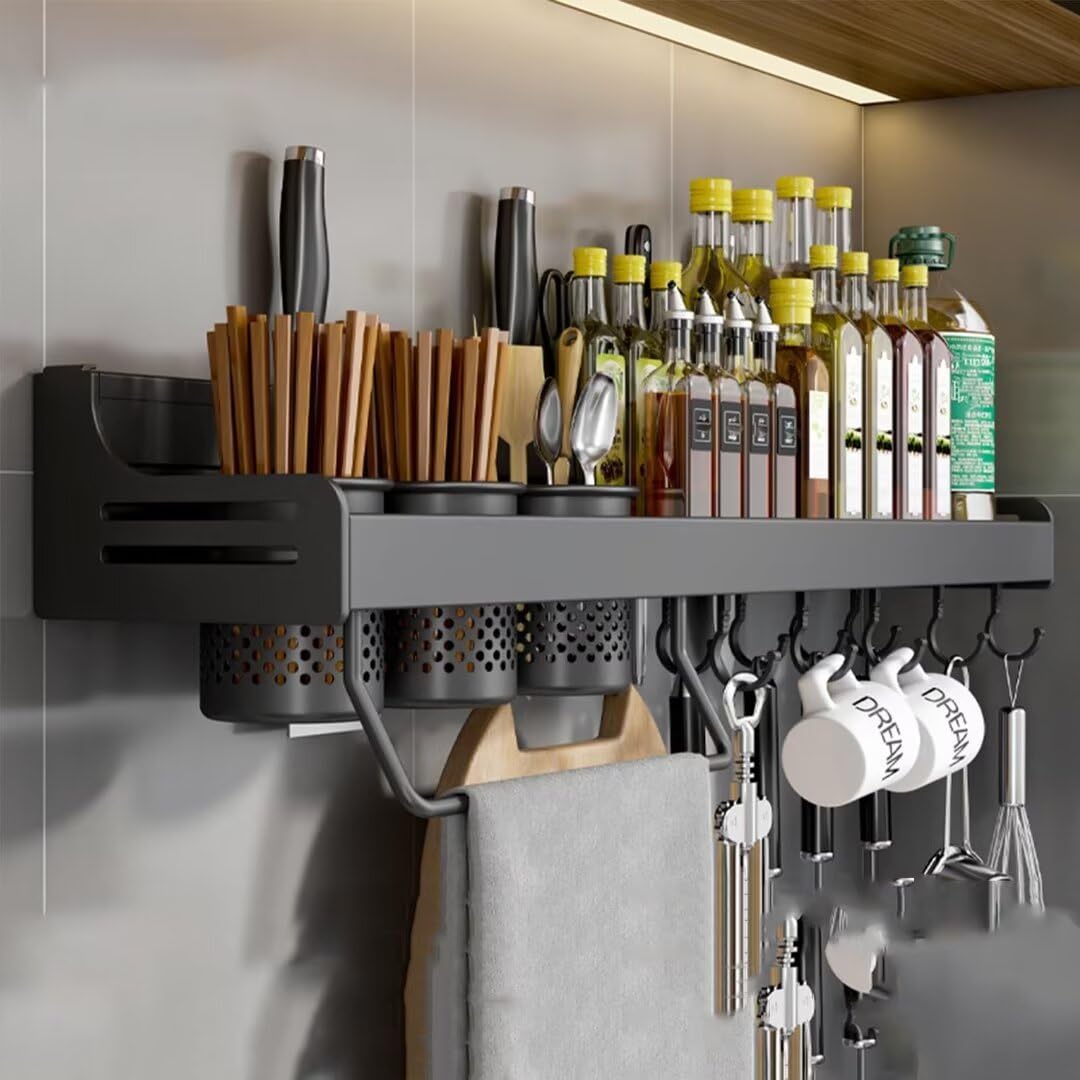MYUYEE Spice Rack Wall Mounted, Kitchen Wall Shelf, Utensil Rack, Kitchen Shelf Organiser, Cutlery Holder Organiser, Spice Racks Multi-Purpose Suitable For Kitchens, Restaura(Black-70Cm With 3Cups)