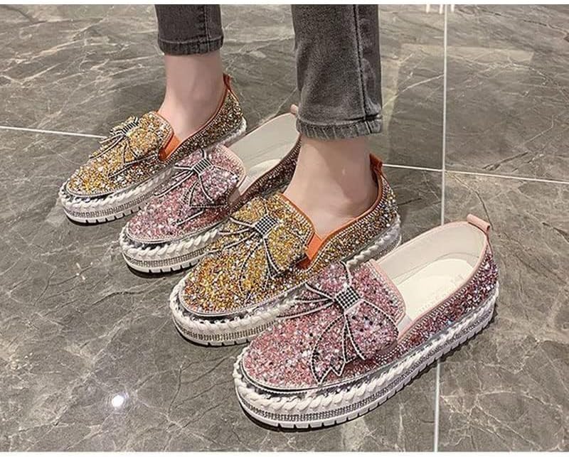 Cubicbee Women's Rhinestone Bow Platform Sneakers,Glitter Flat Walking Slip On Loafers Casual Shoes,Comfort Platform Dress Shoes - Image 2