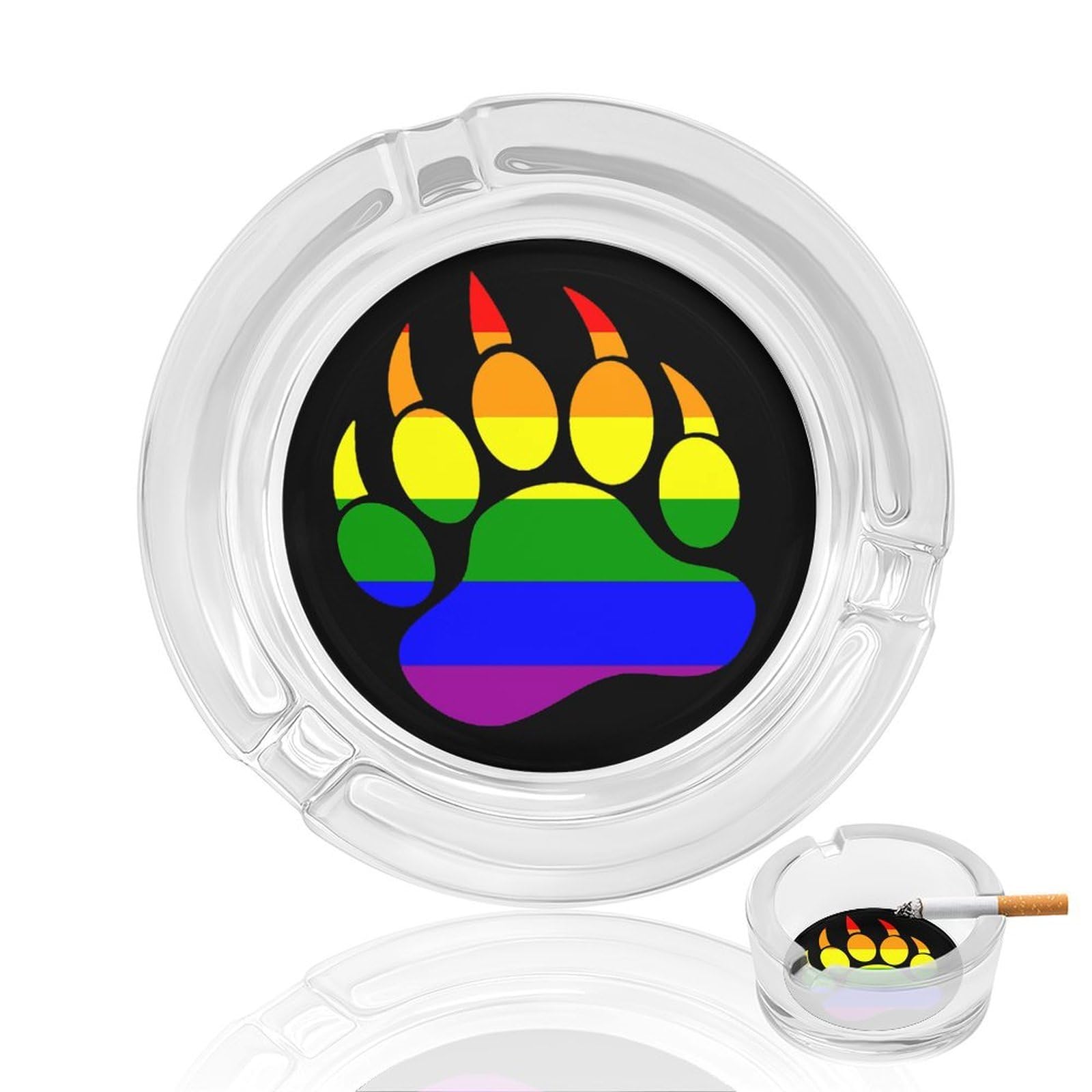 LGBT Gay Rainbow Bear Paw Ashtray Portable Round Glass Outdoor Ash Tray for Home Office Garden Pub